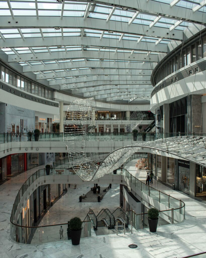 Wavy sculpture suspended from roof of Mall of the Emirates